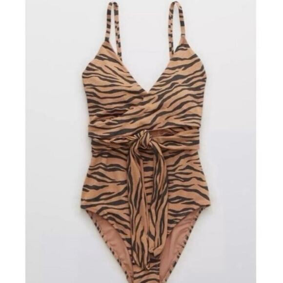 Aerie Tiger Animal Print Stripe Wrap One-Piece Swimsuit Tan Black Size M EUC - Picture 3 of 8